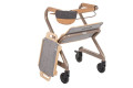 Indoor rollator with tray seat and bag, tray removed