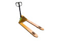 Yellow manual pump truck with forks 