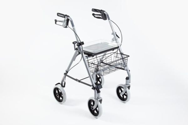 Steel 4-wheeled rollator with basket, seat and tray 