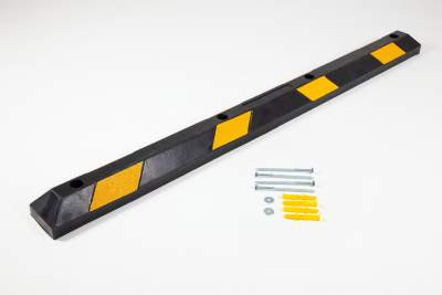 Black and yellow wheel stop with fixings 