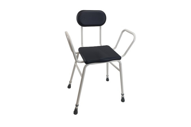 Height adjustable black perching stool with armrests and backrest 