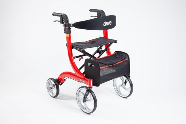 Red Nitro four wheeled rollator with seat and bag 