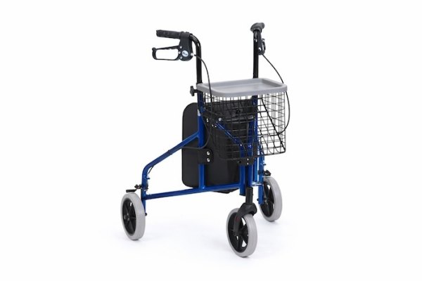 Blue 3 wheel rollator walker with bag tray and basket 