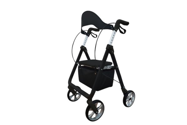 4-Wheeled black rollator with bag and seat 