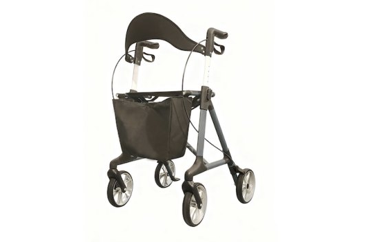 Blue rollator with bag, backrest and seat 