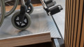 Close up of rest on connection for wheelchair ramp with handrails 