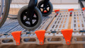 Close up of manual wheelchair on a portable rollable aluminium wheelchair ramp