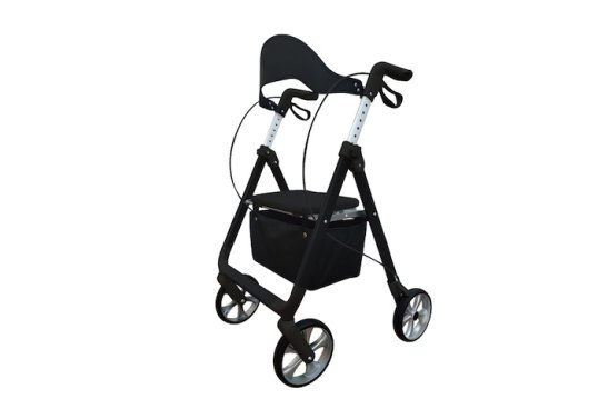 4-Wheeled black rollator with bag and seat 