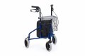 Blue 3 wheel rollator walker with bag tray and basket 