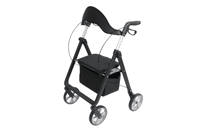 Side view of the blue rollator with seat 